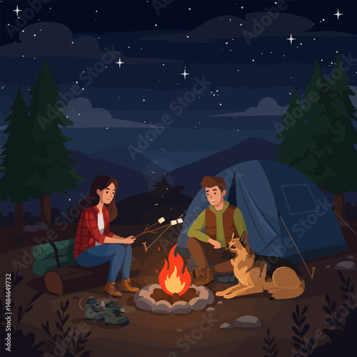 Couple Camping by Campfire at Night with Dog Under Starry Sky