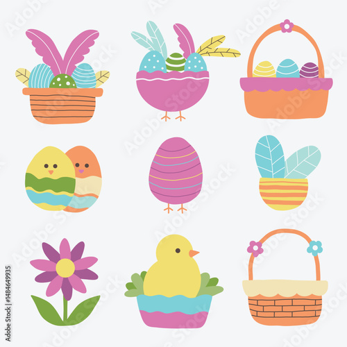set of happy easter event eggs cute chicken flower basket illustration