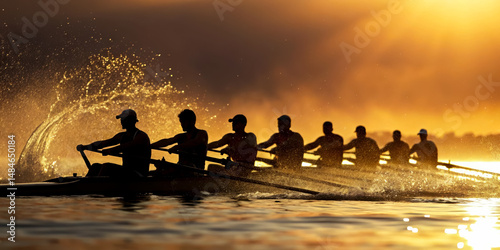 Rowing team silhouette at sunset rowing boat water sport team sport