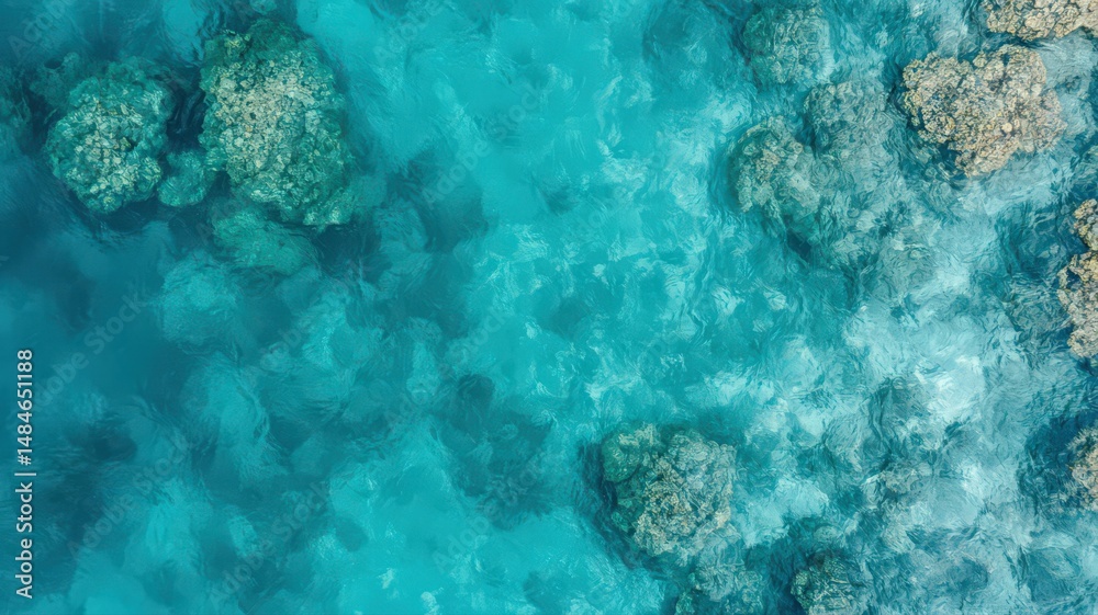 Fototapeta premium Overhead View of a Vibrant Coral Reef in Shallow Turquoise Waters with Rock Formations