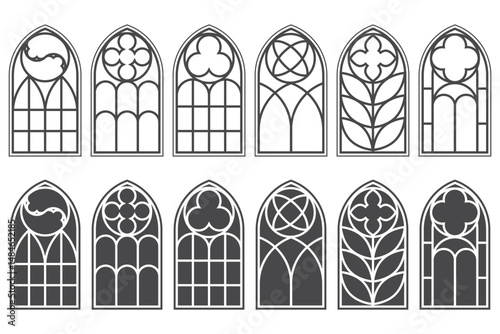 Gothic church windows with arched frames and stained glass. Medieval vintage silhouettes of cathedral architecture decorations geometric ornaments. Christian chapel interior with outlines engravings