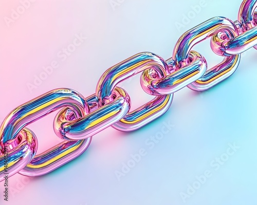 A close-up of a shiny, metallic chain with a holographic finish, reflecting vibrant pink and blue hues against a soft, gradient background