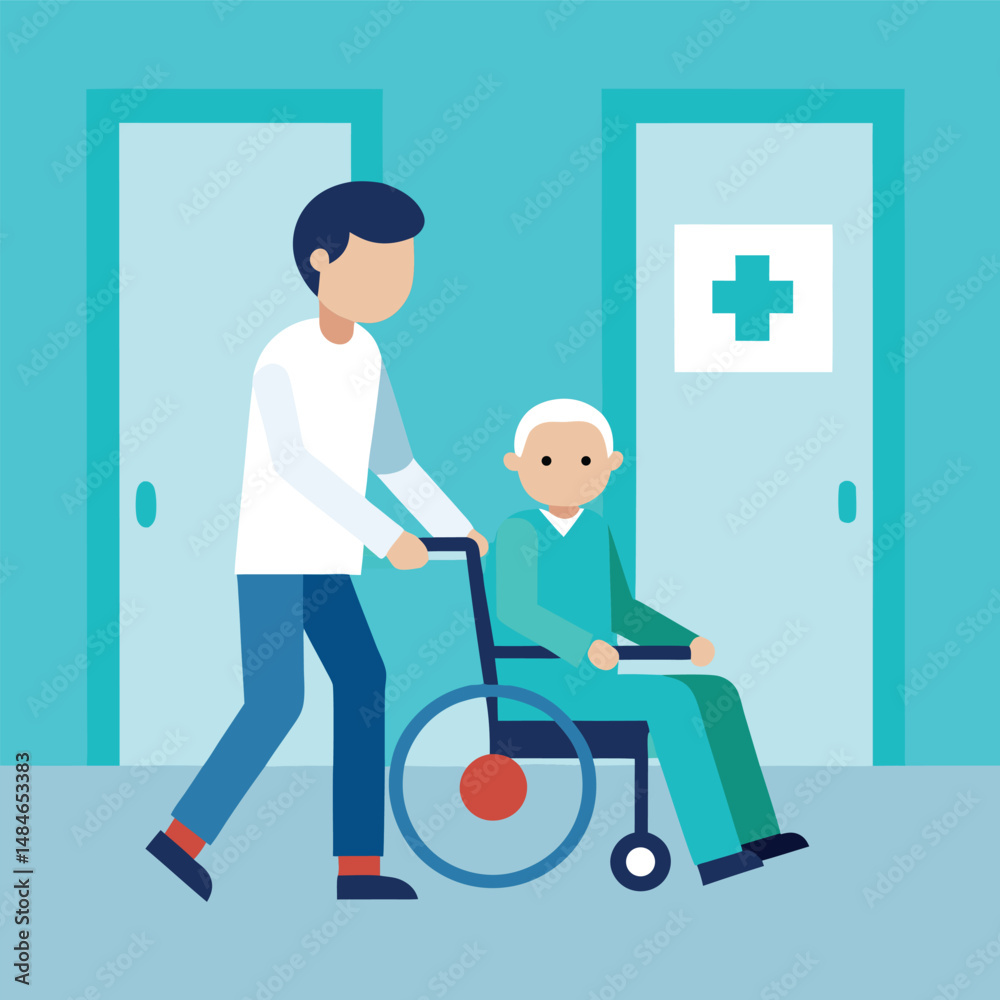 Young Man Assisting Elderly Person in Wheelchair Inside a Hospital Corridor Young Man Assisting Elderly Person in Wheelchair Inside a Hospital Corridor