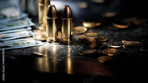 Ammunition rounds, bank notes and gold coins arranged in cinematic close-up on a dark textured surface.