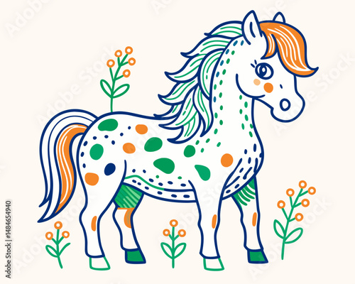 A black stallion, a wild equine illustration, with a flower, in vector art