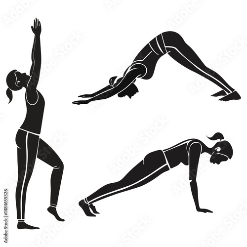 Black silhouette figures in various yoga poses such as tree pose, downward dog, cobra, warrior, lotus, and triangle pose on plain white background vector.