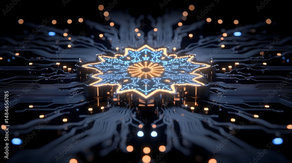Fototapeta premium A glowing blue and gold star-shaped symbol is centered on a dark circuit board with lines of glowing lights