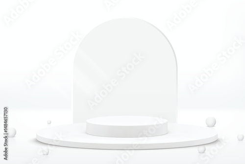 3D white product podium background. Abstract composition in minimal design. Studio showroom product pedestal, Fashion showcase mockup scene. Vector showcase design