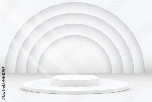 3D white product podium background. Abstract composition in minimal design. Studio showroom product pedestal, Fashion showcase mockup scene. Vector showcase design