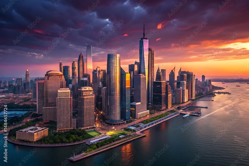 Obraz premium Dramatic Sunset over New York City Skyline
