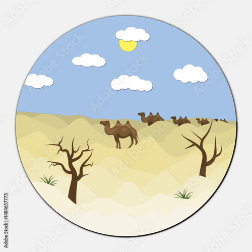Cartoon Style Camels Walking Through Desert Dunes with Trees Under a Sunny Sky. Vector illustration