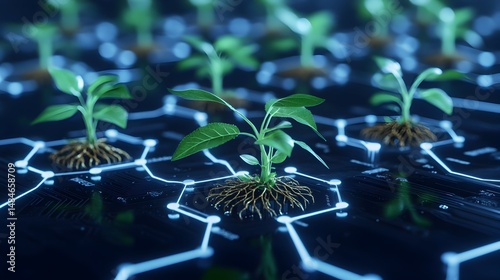 A grid of hexagonal shapes with glowing lines connect small green plants with visible roots, representing a connection between technology and nature