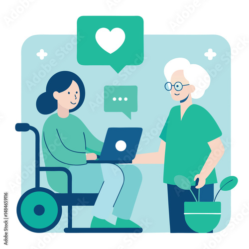 Young Woman in Wheelchair Uses Laptop with Elderly Woman Offering Support and Kindness