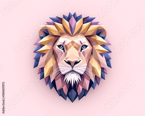 A low-poly lion head with a blue and gold mane on a pink background photo