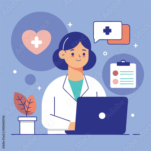 Female Doctor Using Laptop for Online Healthcare Consultation and Patient Records