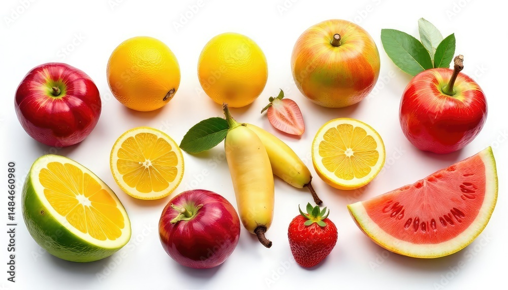 Naklejka premium Assortment of organic fruits isolated on white, clean eating, still life