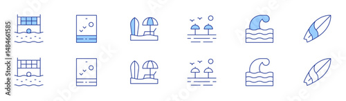 Beach icon set in two styles, Duotone and Thin Line style. Editable stroke. beach volleyball, beach, wave, surfing board