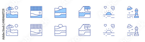 Beach icon set in two styles, Duotone and Thin Line style. Editable stroke. beach, beach volleyball, sunset, sea