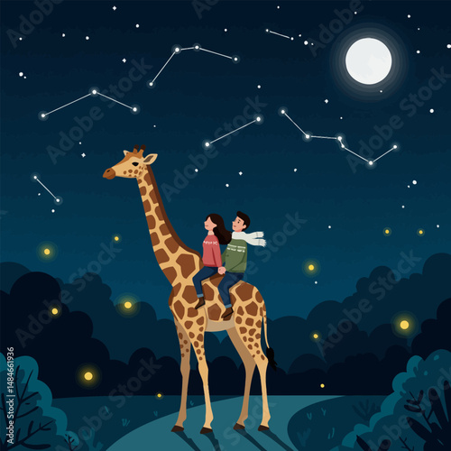 Couple Riding Giraffe Under Starry Sky with Moon Illustration