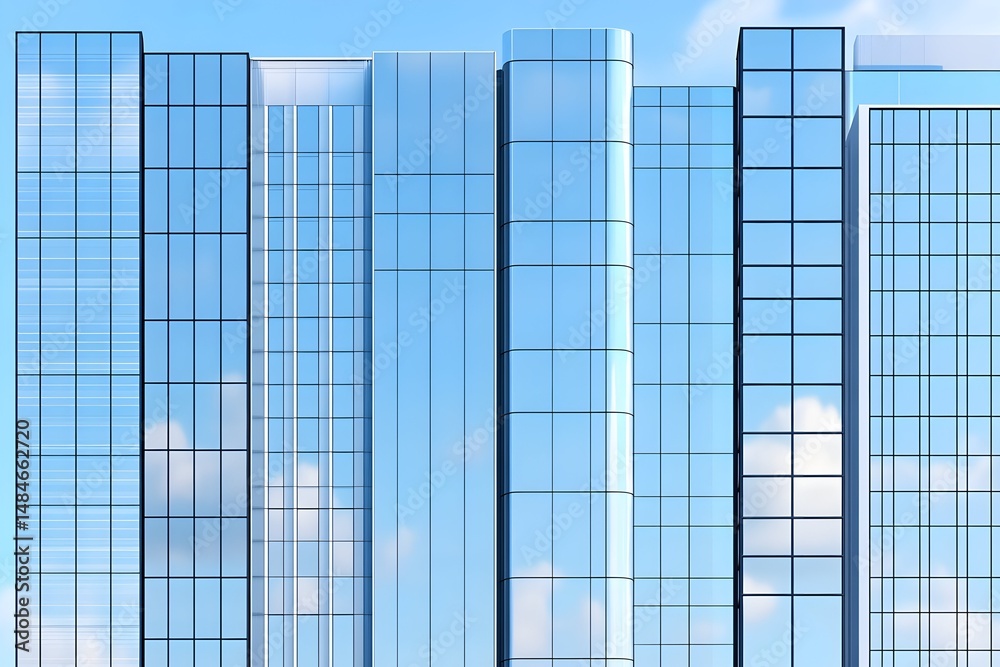 Obraz premium A row of modern glass skyscrapers against a bright blue sky with fluffy white clouds reflected in the windows