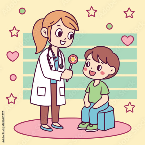 Friendly Female Doctor Examining a Happy Child with a Lollipop