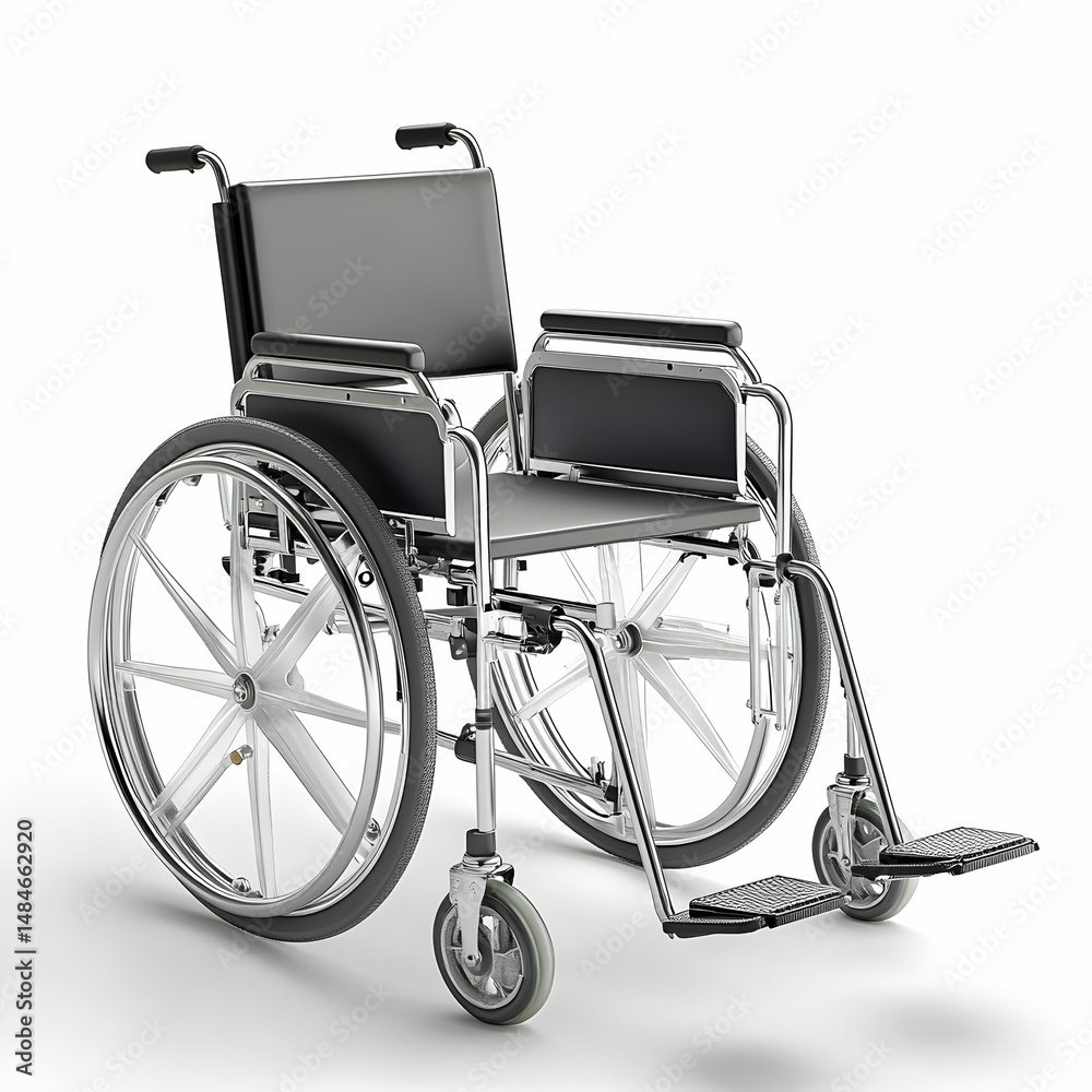 Fototapeta premium A sleek hospital wheelchair with adjustable footrests, positioned on a clean white background