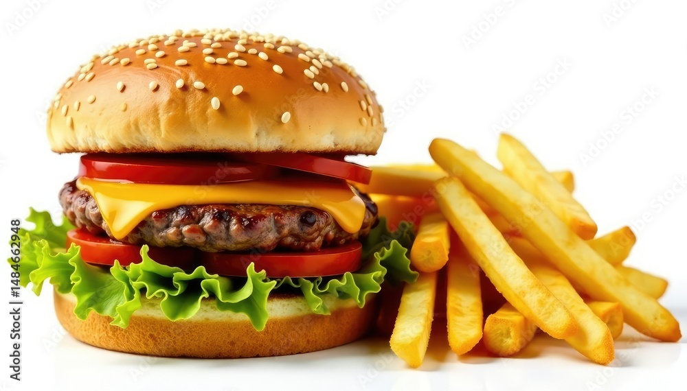 Close-up of greasy burger and fries isolated on white , lunch, delicious Close-up of greasy burger and fries isolated on white , lunch, delicious