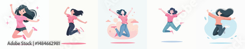 Vector illustration of a woman in pink dress very happy and jumping.