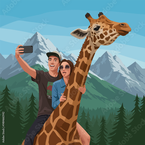 Couple Taking Selfie with Giraffe Against Mountain and Forest Backdrop