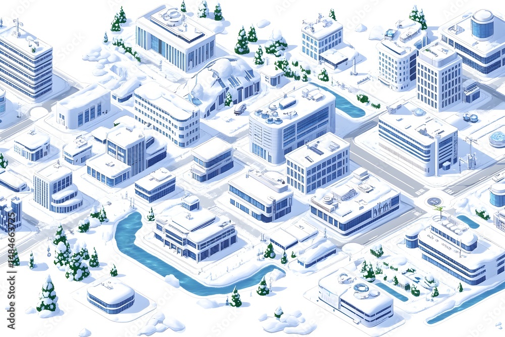 Fototapeta premium A snowy cityscape with tall buildings, winding roads, and a river, all covered in snow