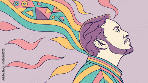 Vector man with colorful abstract patterns flowing from his head, expressing creativity and imagination