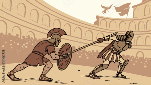 Vector dramatic scene of two gladiators fighting in ancient arena, showcasing their strength and skill