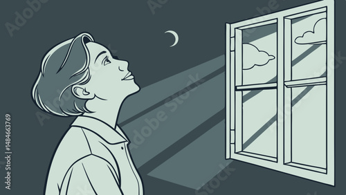 Vector person looking up at moon through window, with soft light illuminating scene, evokes sense of wonder and tranquility