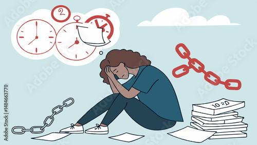 Vector online businesswoman sitting on floor, feeling overwhelmed by deadlines and stress, surrounded by papers and clocks