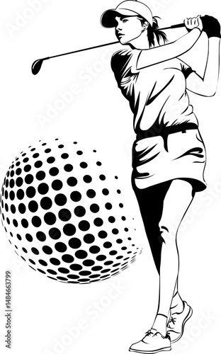 black and white illustration of a female golfer in mid-swing, wearing a cap, gloves, and a skirted outfit, with golf ball and a flag pole in the background