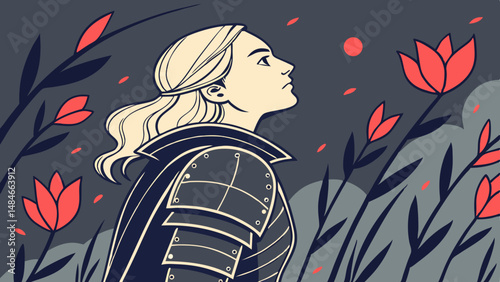 Vector young woman with long blonde hair, wearing armor, gazes thoughtfully at red flowers in transparency background