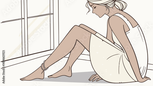 Vector woman sitting by window, wearing simple white dress, reflecting moment of contemplation and serenity