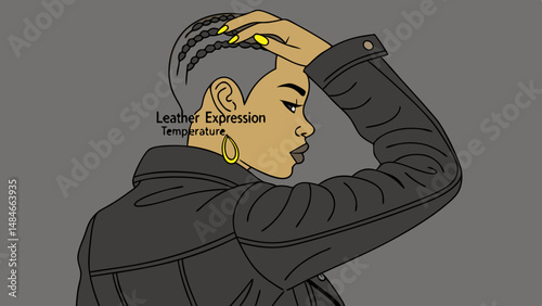 Vector young woman with yellow nails holds her head in thoughtful pose, showcasing her stylish look and confidence