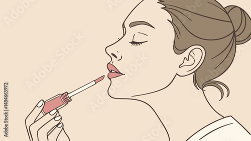Vector woman applies lip gloss with graceful expression, showcasing beauty and elegance