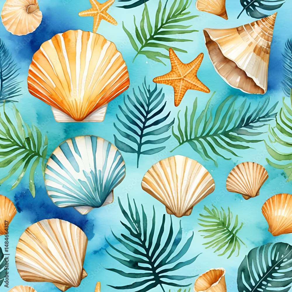 Fototapeta premium Summer beach seashell tropical elements. Watercolor background illustration set. Seamless background pattern.