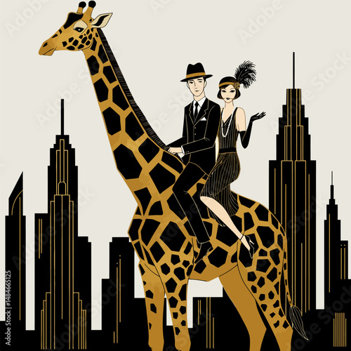 Couple Riding Giraffe in 1920s Style with City Skyline