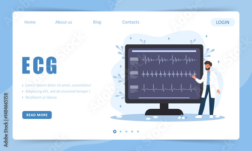 ECG concept. Landing page template. Heart medical diagnosis and treatment. Male doctor. Vector illustration in flat cartoon style.