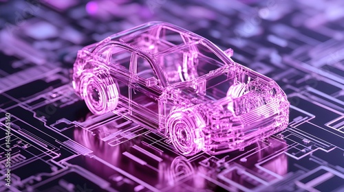 A transparent, pink car model sits atop a circuit board, representing the future of automotive technology