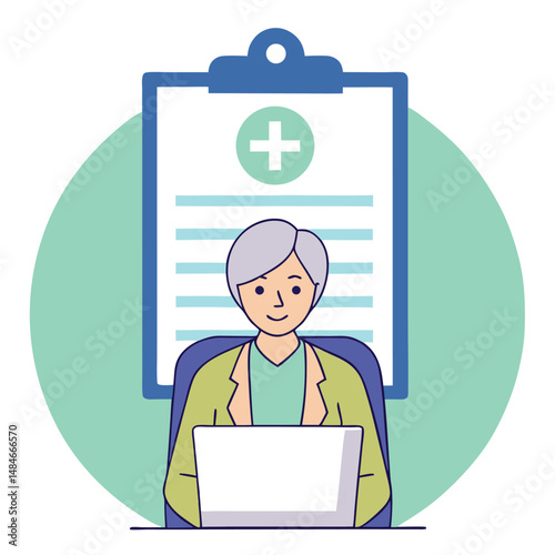 Senior woman doctor using laptop computer with medical chart in background