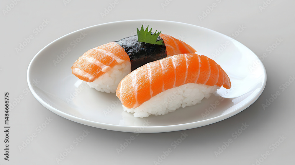 Sushi dish featuring salmon and rice, beautifully presented on white plate, evokes sense of culinary delight and freshness Sushi dish featuring salmon and rice, beautifully presented on white plate, evokes sense of culinary delight and freshness