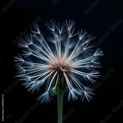 Close-Up of Dandelion Seed Head Against Black Background with Detailed Texture and Fine Silky Filaments