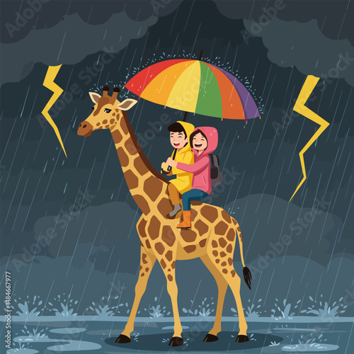 Children Riding Giraffe in Rainstorm with Rainbow Umbrella Illustration