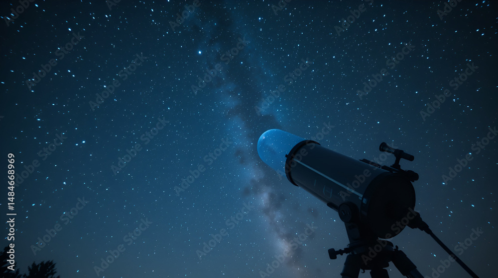 Naklejka premium View into the starry sky at night with a telescope created with technology