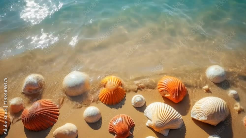 Colorful seashells on tropical beach sand with ocean wave movement seamless looping 4k time-lapse animation video background