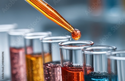Pipette adding fluid to one of several test tubes. High quality